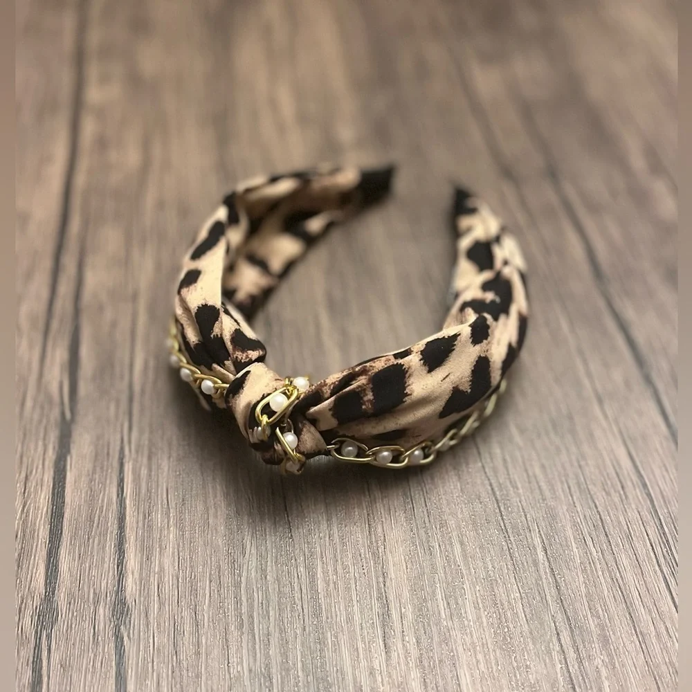 Leopard Print and Pearl Knotted Headband